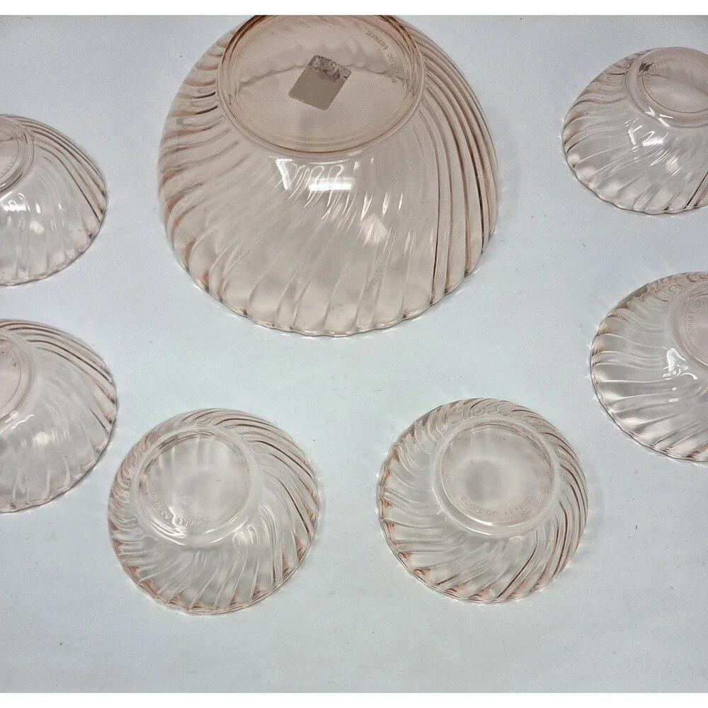 Arcoroc France Rosaline Pink Swirl Glass‎ Salad Bowl Set 7 Pc Vintage 1970s